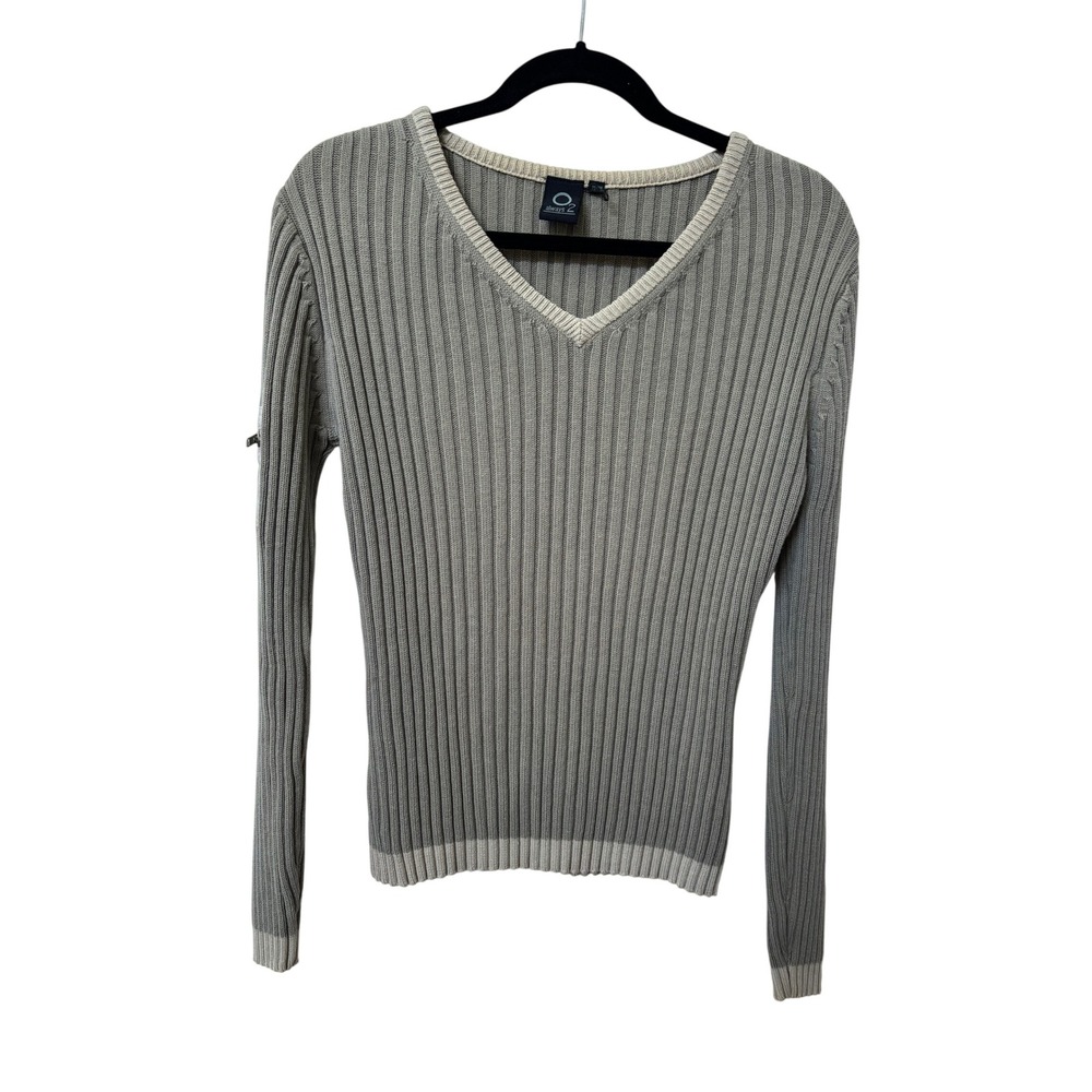 Always‎ O2 Womens Ribbed Cotton V-Neck Sweater Taupe Grey Utility Zip Pocket Med